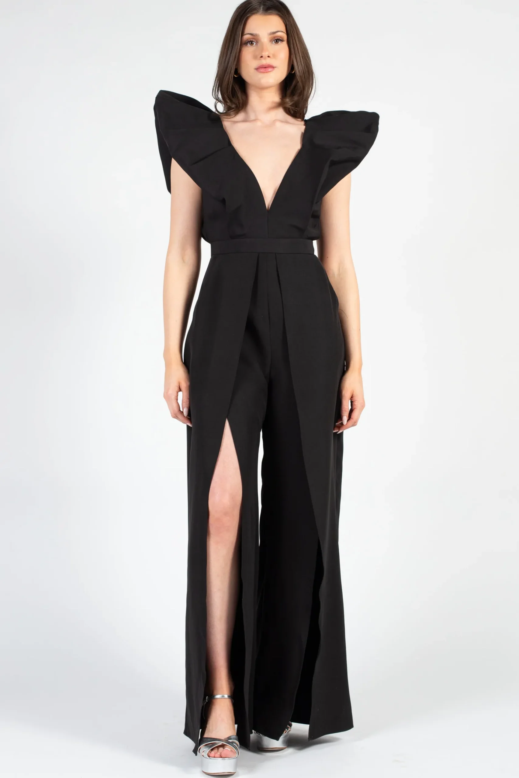 Luxxel Meredith Neoprene Split Wide Leg Jumpsuit Black Best