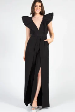 Luxxel Meredith Neoprene Split Wide Leg Jumpsuit Black Best