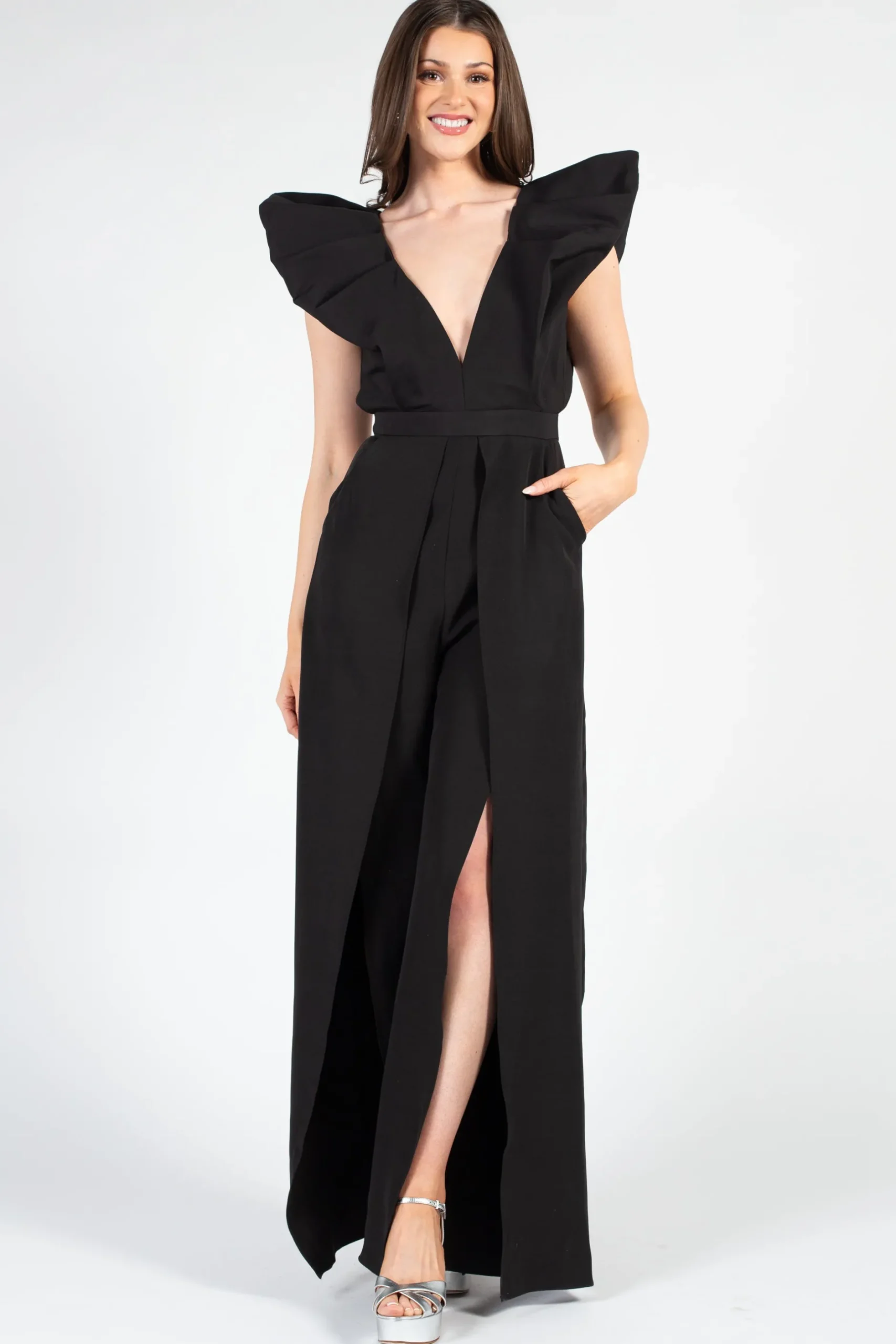 Luxxel Meredith Neoprene Split Wide Leg Jumpsuit Black Best