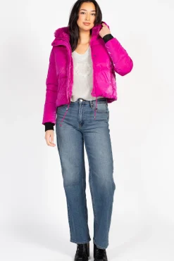 Snobbish Collection Mistic Shine Hooded Fur Trim Puffer Jacket Magenta Clearance