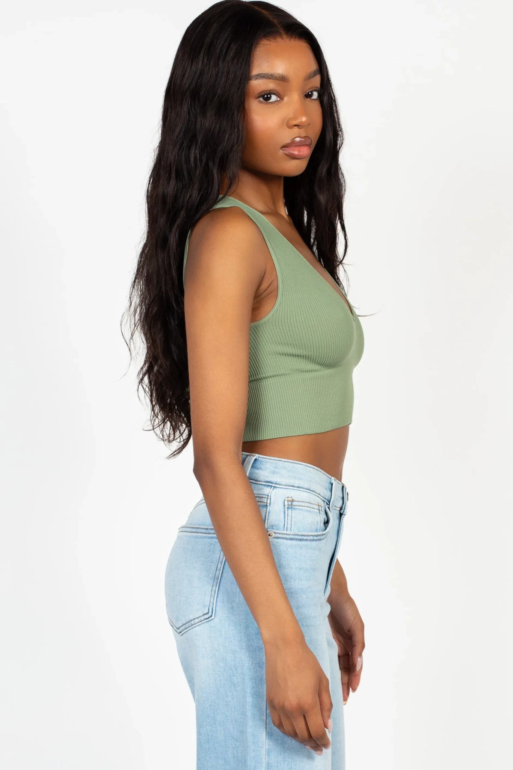 Nikibiki Ribbed Deep V Tank Top Green Online