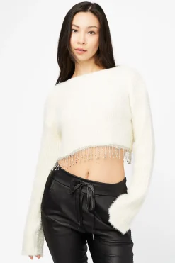 Blanc Paris Fuzzy Rhinestone Fringe Sweater Cream New