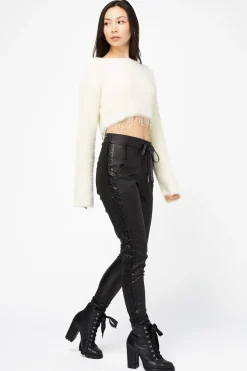 Blanc Paris Fuzzy Rhinestone Fringe Sweater Cream New