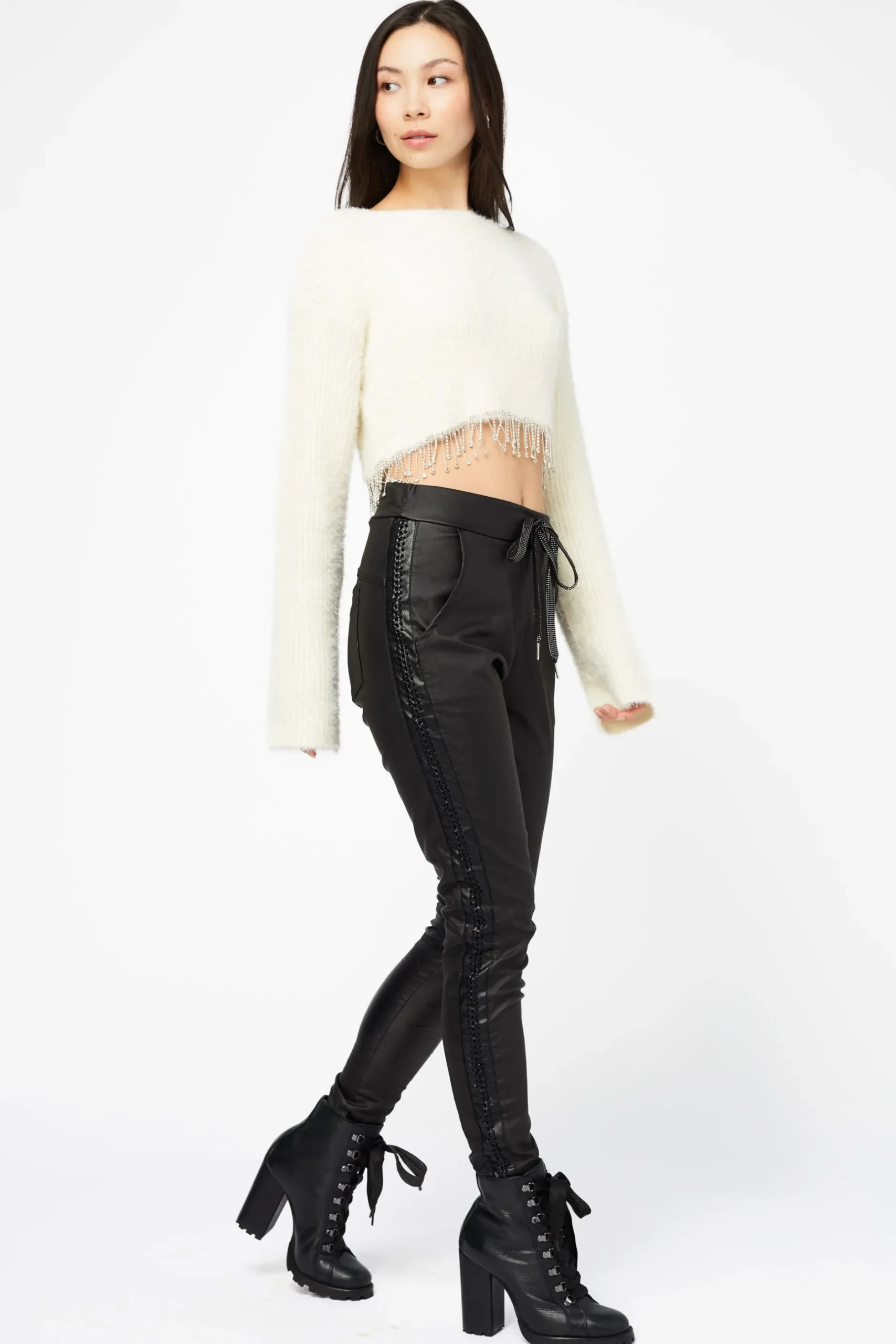 Blanc Paris Fuzzy Rhinestone Fringe Sweater Cream New