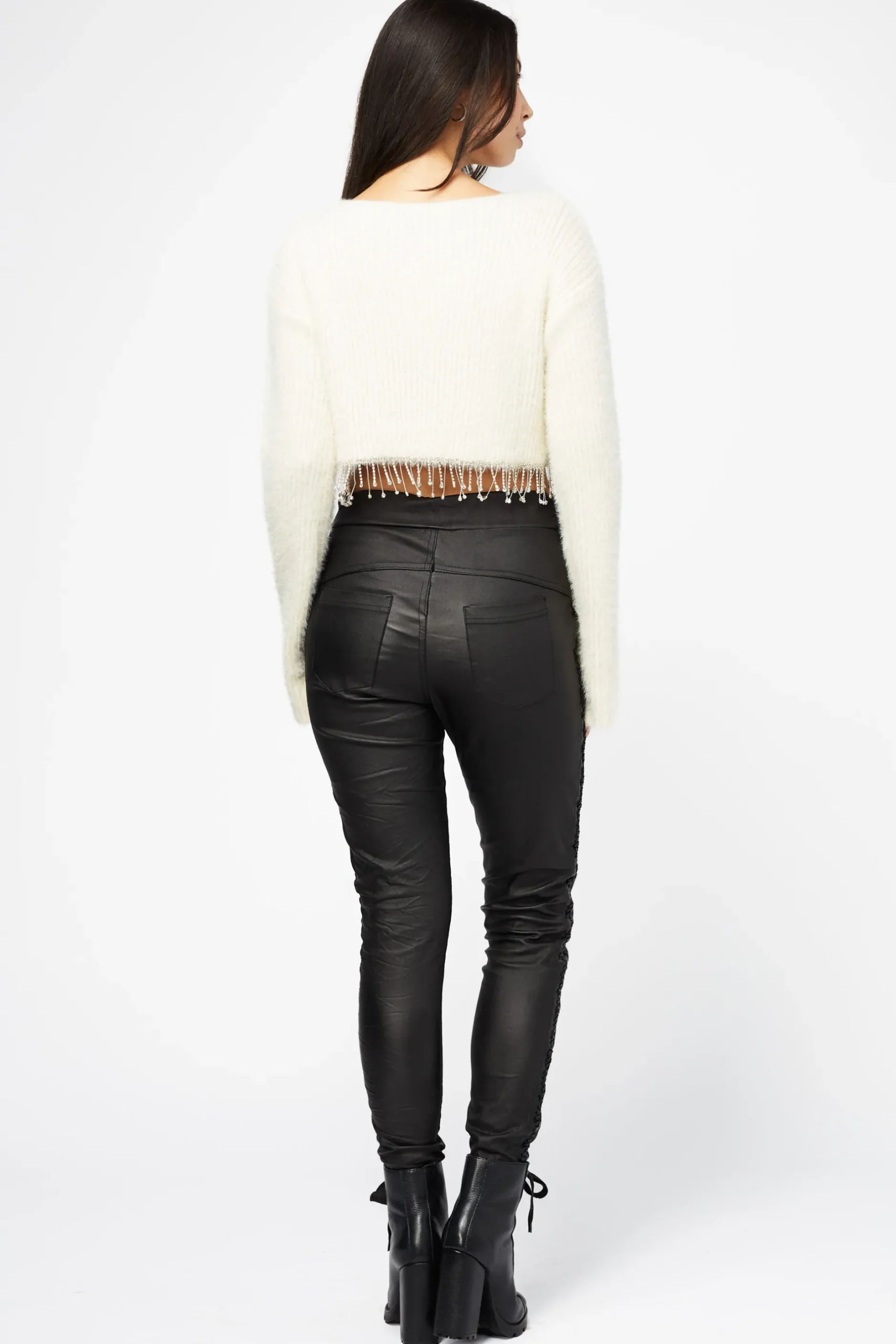 Blanc Paris Fuzzy Rhinestone Fringe Sweater Cream New