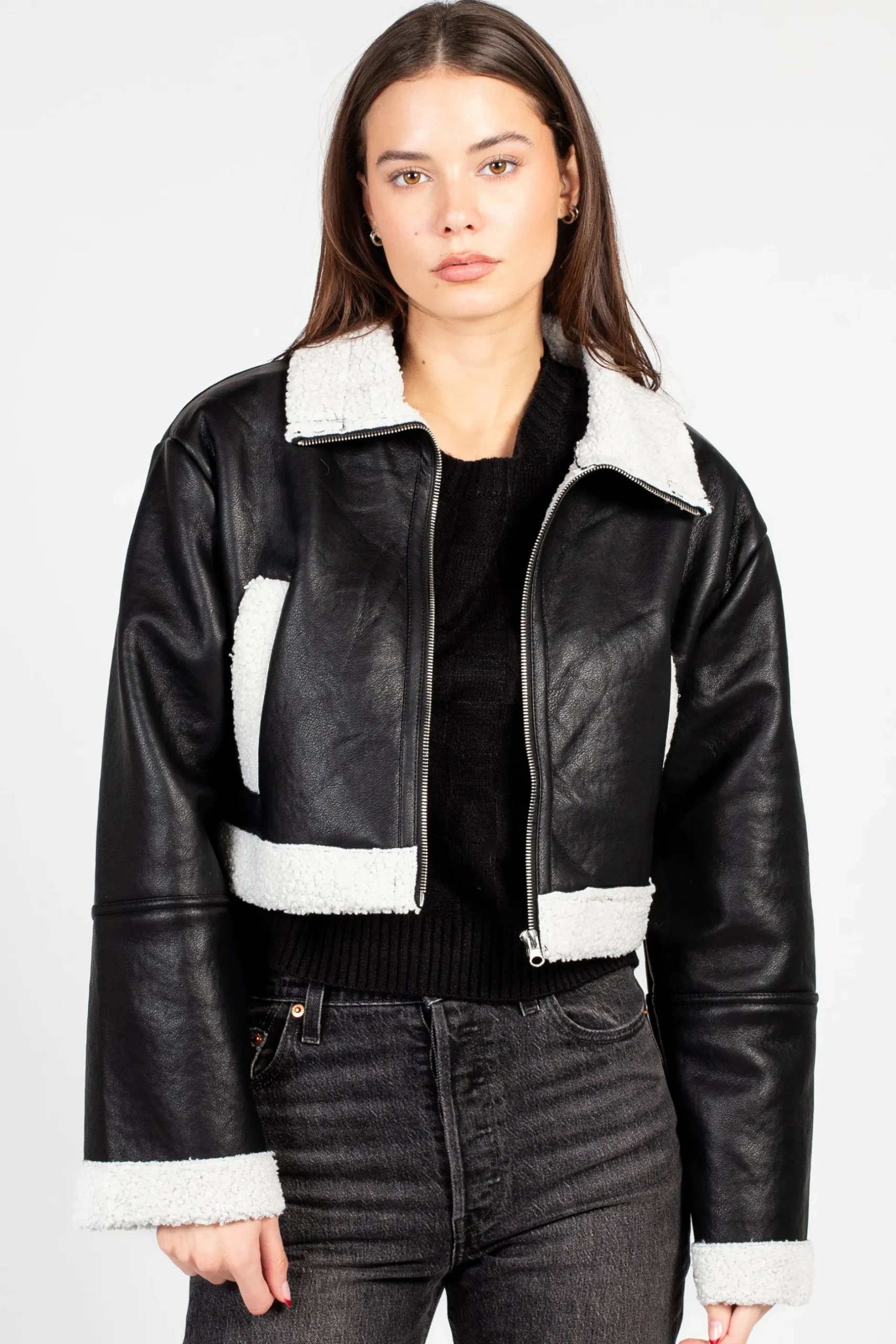 Love Tree Peggi Sherpa Trim Vegan Leather Jacket Black Online