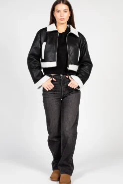 Love Tree Peggi Sherpa Trim Vegan Leather Jacket Black Online