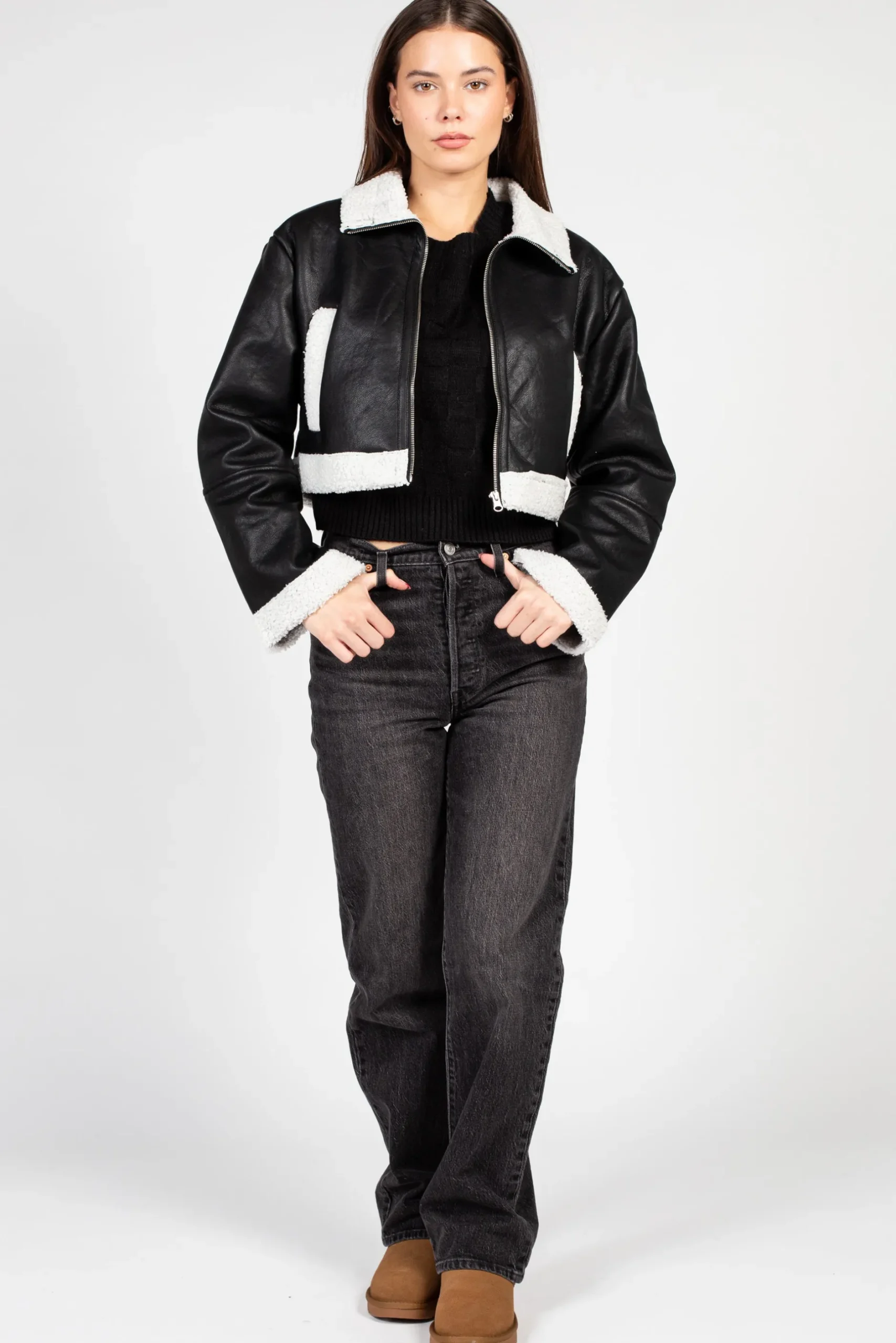 Love Tree Peggi Sherpa Trim Vegan Leather Jacket Black Online