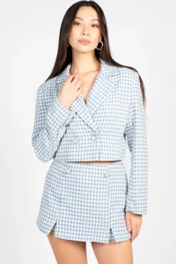 Day + Night Phoebe Houndstooth Cropped Jacket BabyBlue Sale