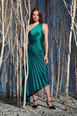 Dress Forum Reagan One Shoulder Pleated Hi Lo Maxi Dress HunterGreen Clearance