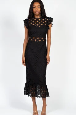 Chelsea Samantha Lace Trumpet Bottom Midi Dress Black Clearance