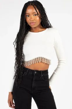 Papermoon Stasia Rhinestone Fringe Crop Knit Top Discount