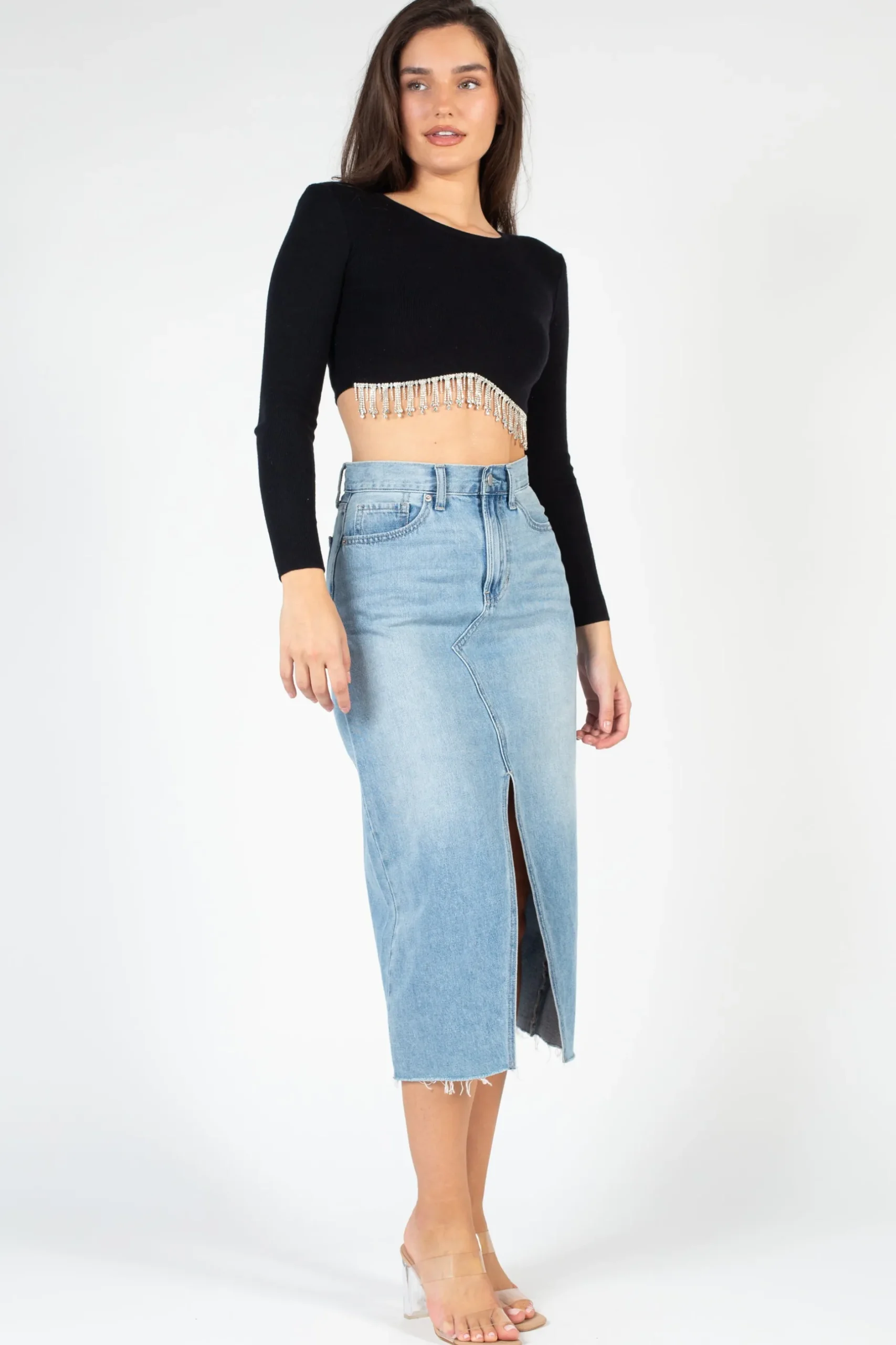 Papermoon Stasia Rhinestone Fringe Crop Knit Top Discount