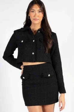 Chelsea Tamera Jewel Button Tweed Mini Skirt Black Discount