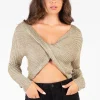 Chelsea Taylor Twist Front Metallic Knit Sweater Gold Hot