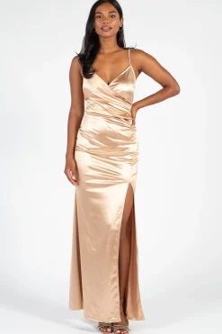 Chelsea Thea High Slit Satin Maxi Gown Clearance