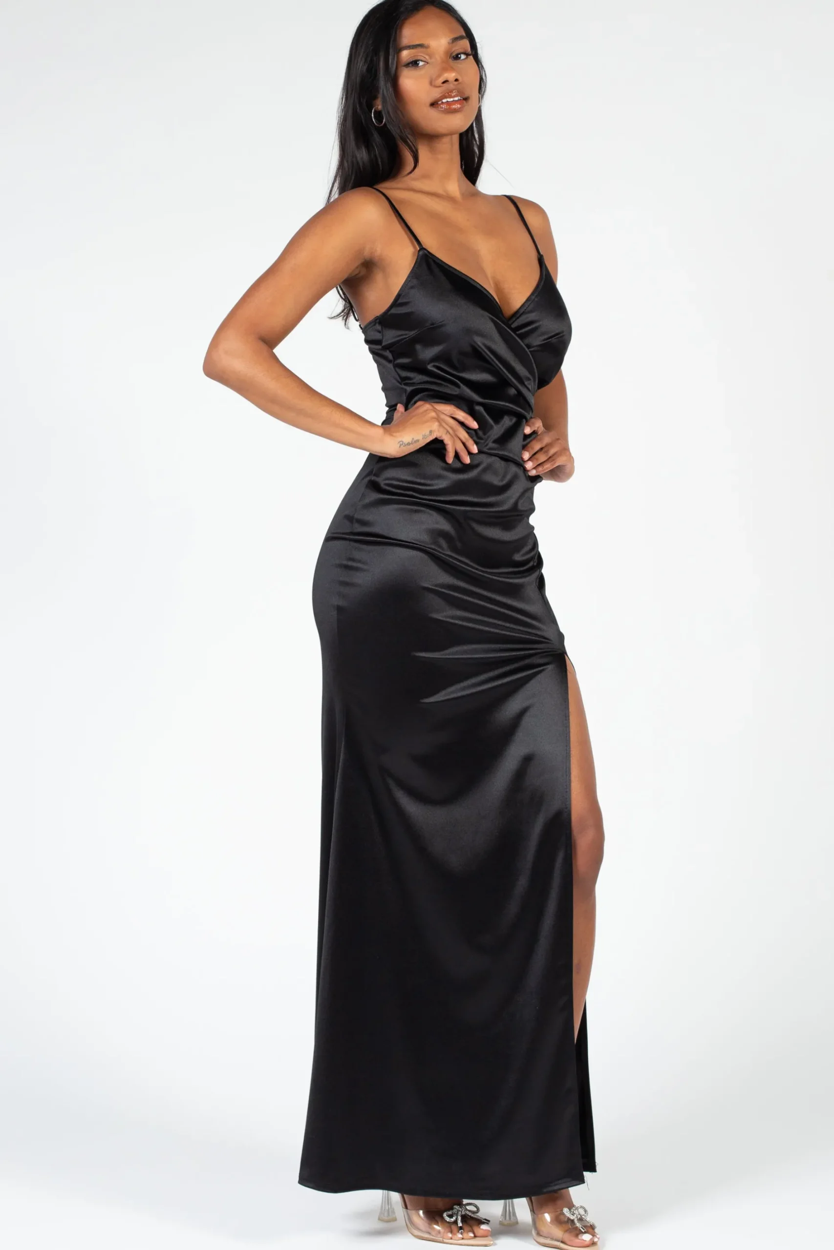 Chelsea Thea High Slit Satin Maxi Gown Clearance