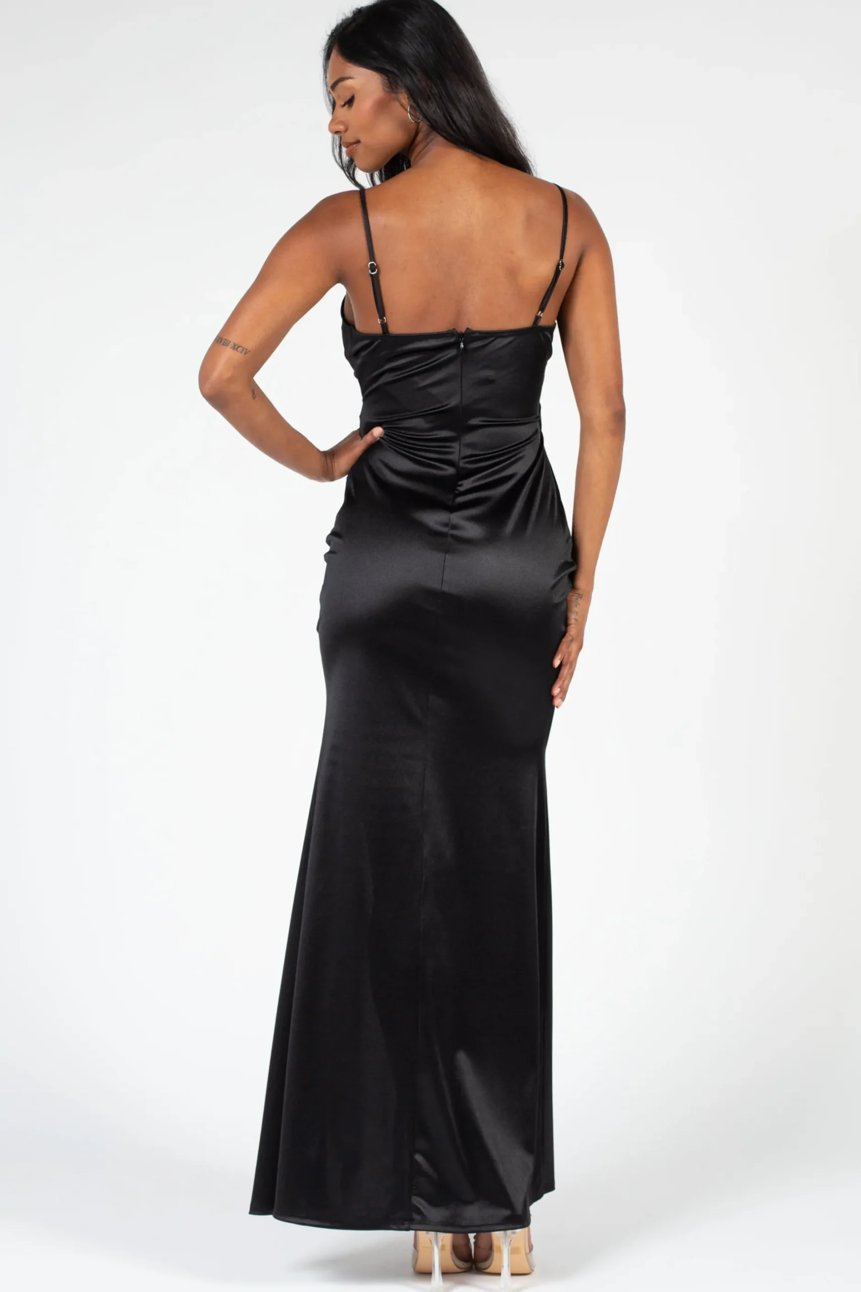 Chelsea Thea High Slit Satin Maxi Gown Clearance