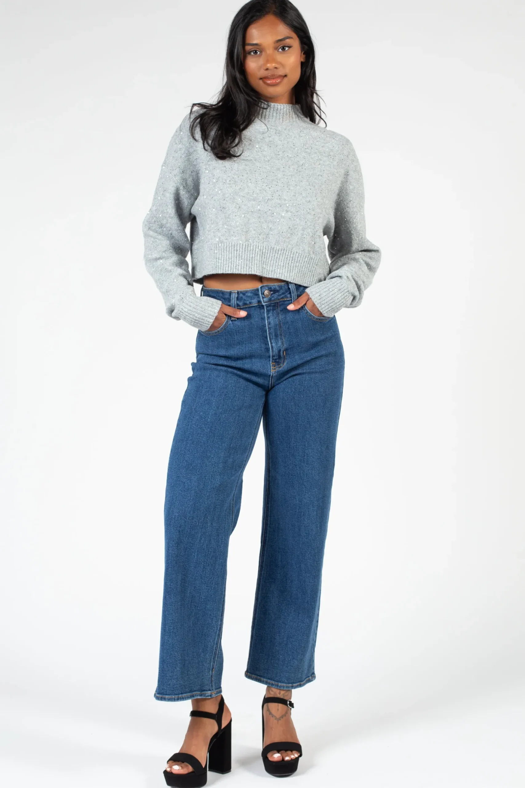 edit by nine Twinkle Mock Neck Crop Sweater Grey Fashion