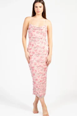 Klesis Whitney Floral Ruched Mesh Midi Dress PinkBlush Discount