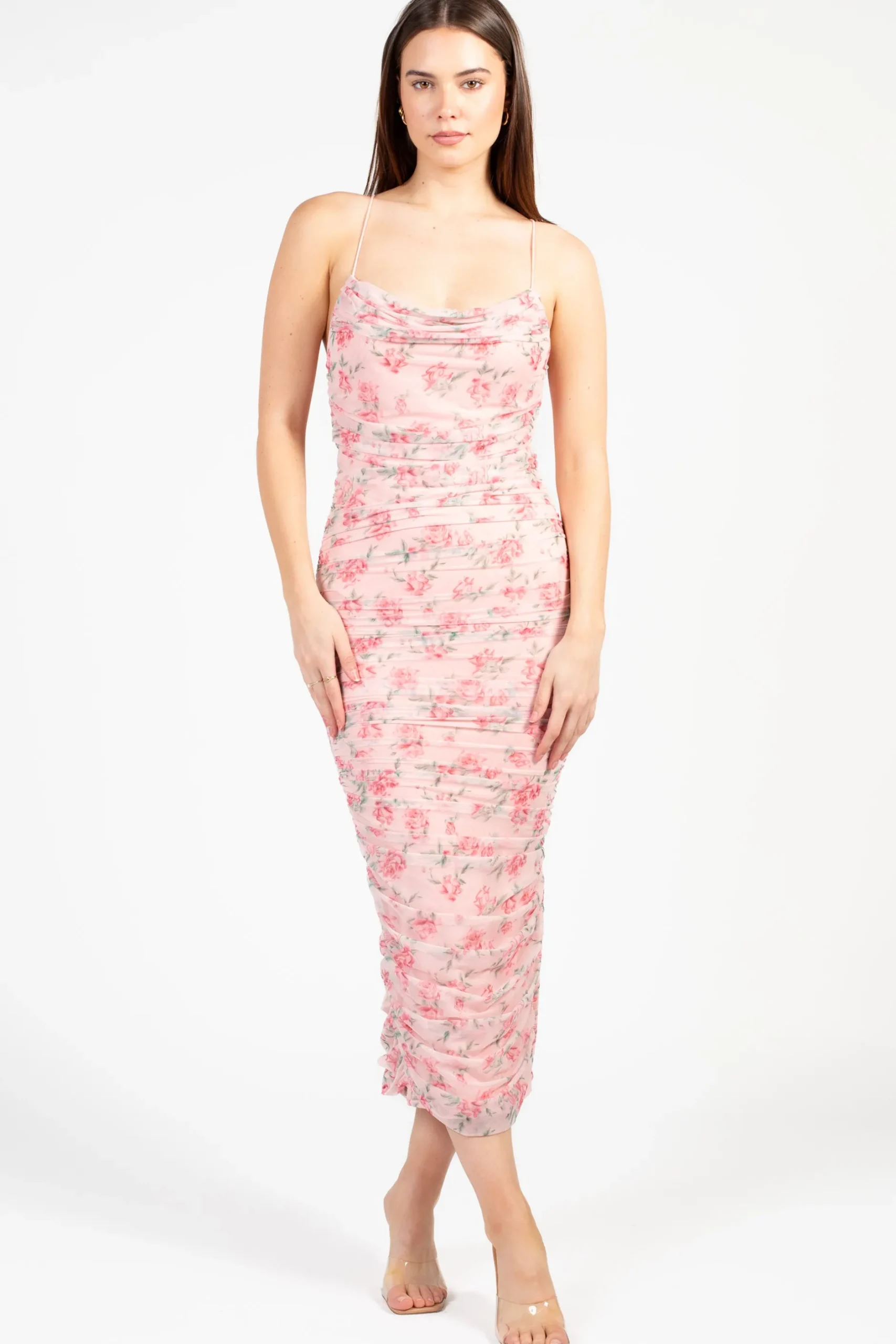 Klesis Whitney Floral Ruched Mesh Midi Dress PinkBlush Discount