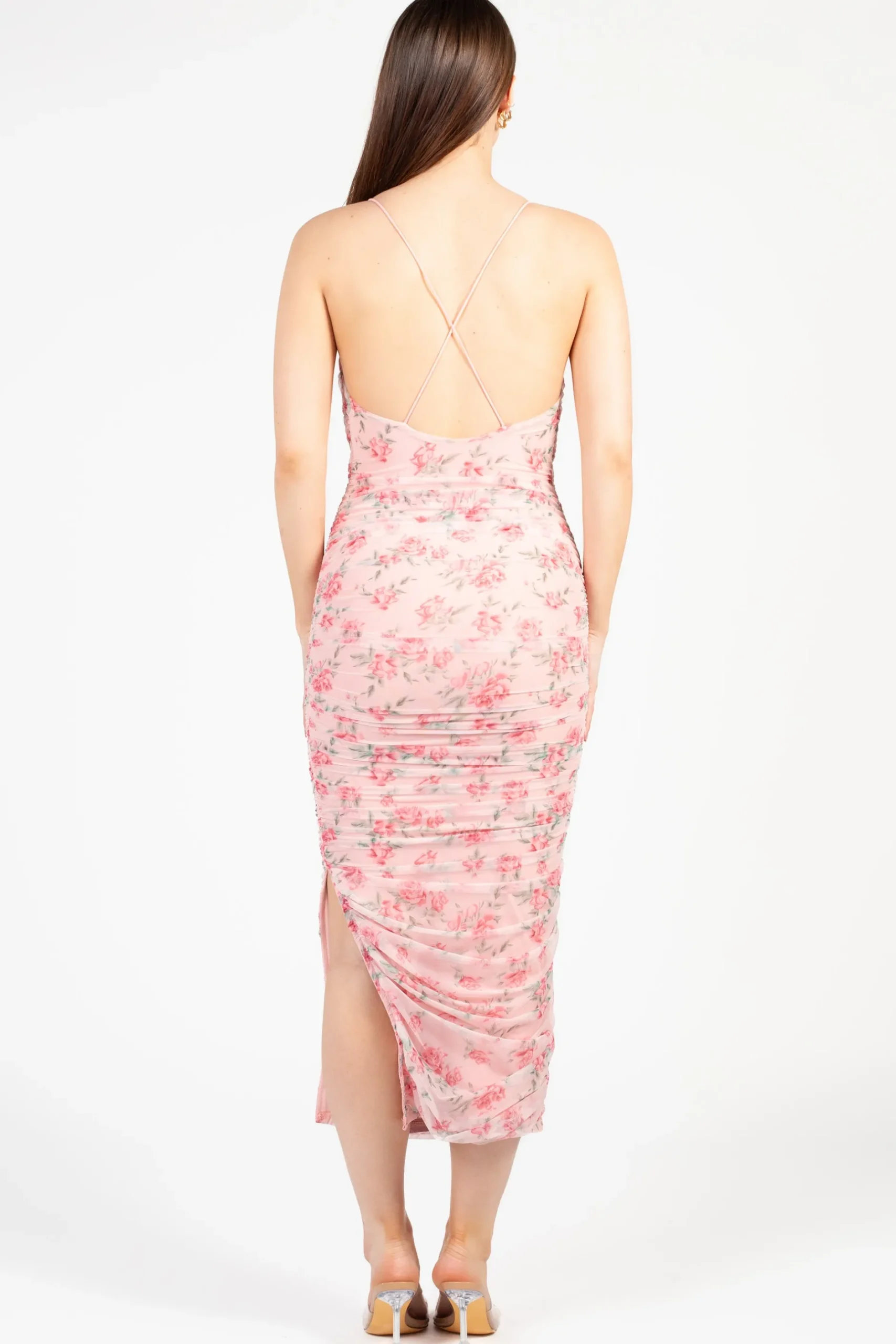 Klesis Whitney Floral Ruched Mesh Midi Dress PinkBlush Discount
