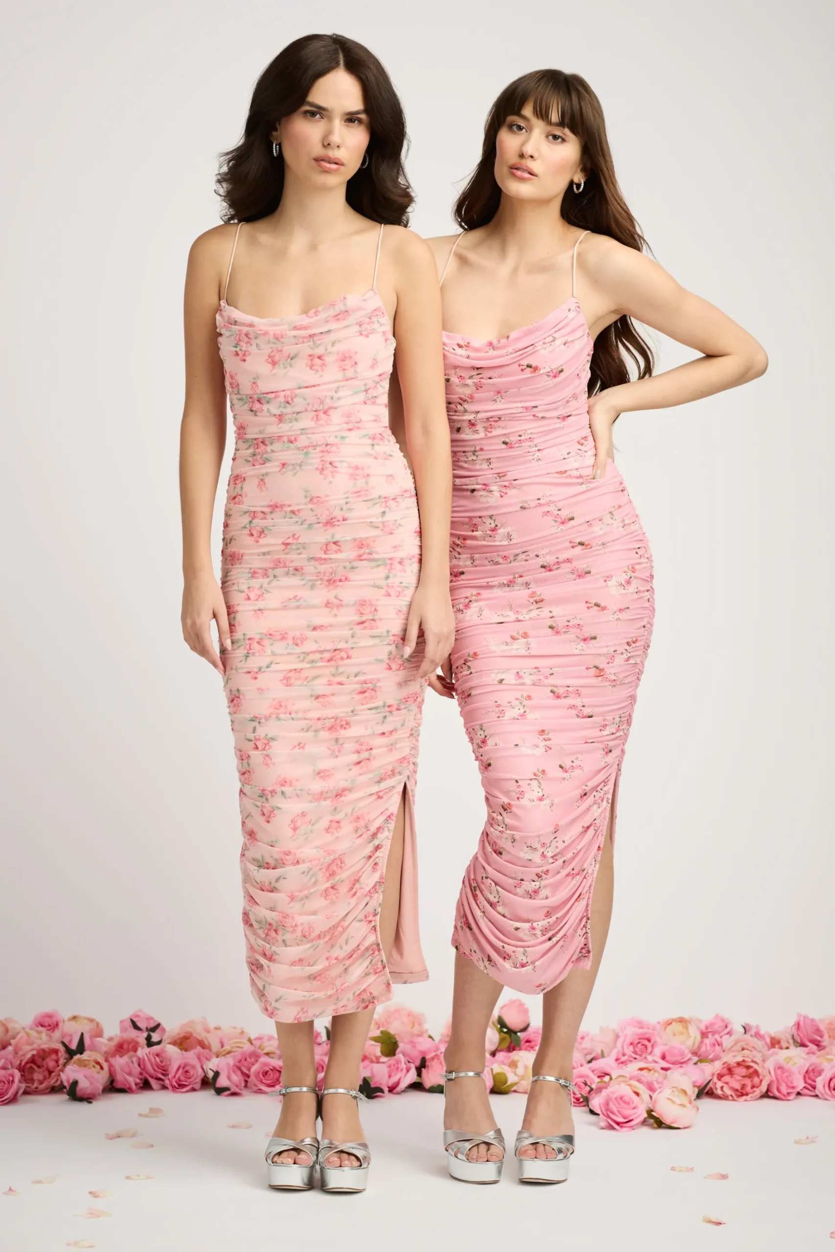 Klesis Whitney Floral Ruched Mesh Midi Dress PinkBlush Discount