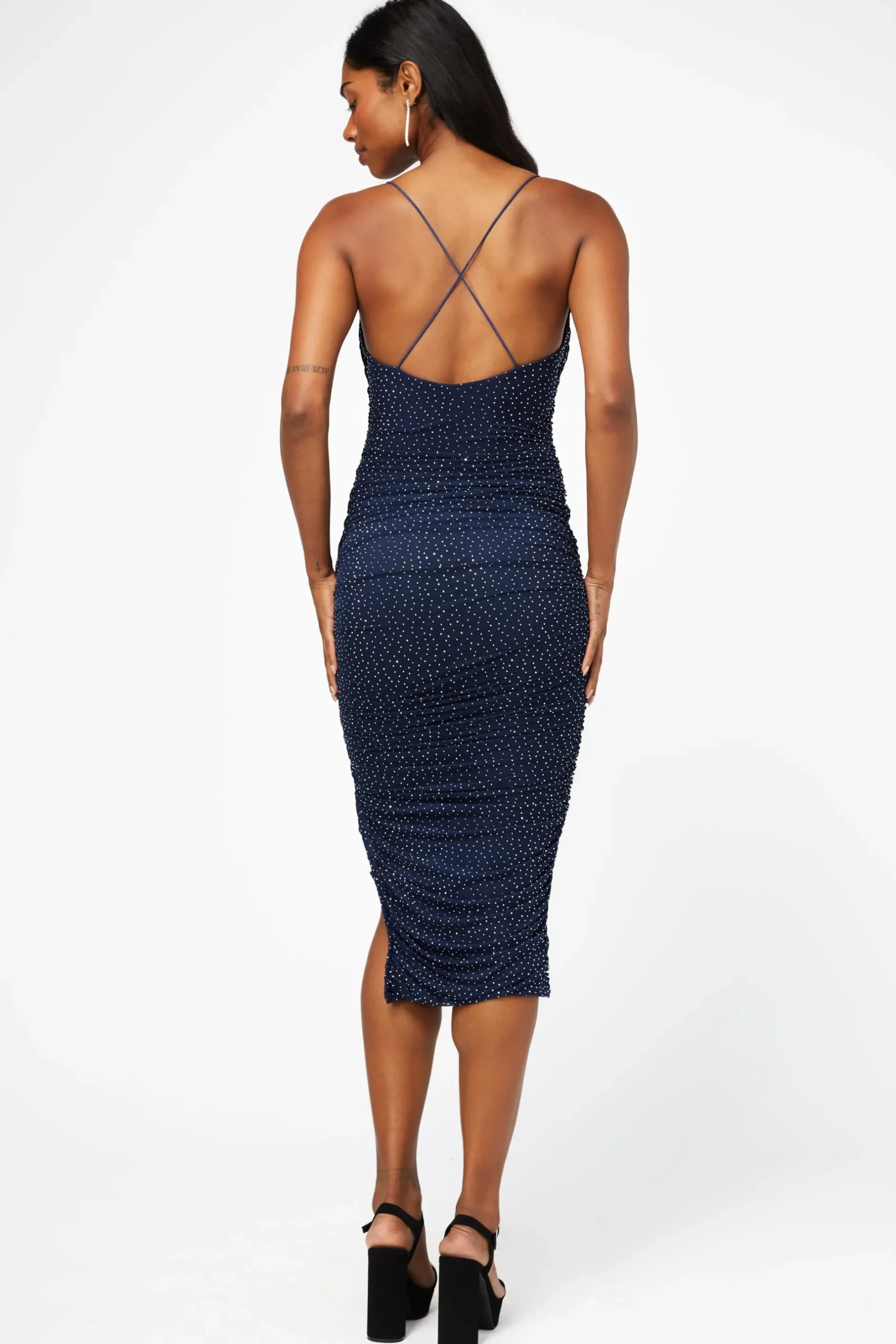 Klesis Whitney Rhinestone Ruched Mesh Midi Dress Online